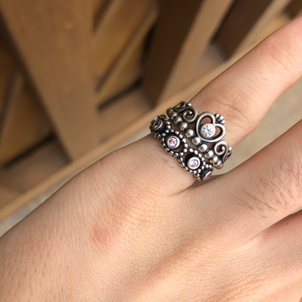 Two Pandora silver rings princess crown ring stone